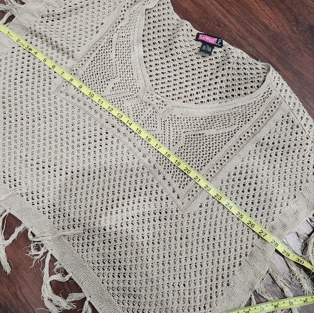 Boho Knit Crochet Poncho Fringe Sweater XL - Picture 9 of 11